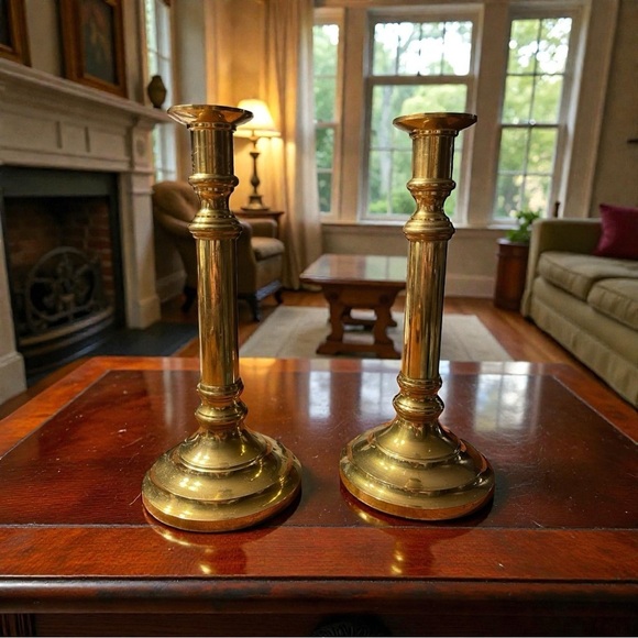 Other - Vtg Brass Candlestick Holders Pair Fluted Column Round Step Base Heavy MCM 10"